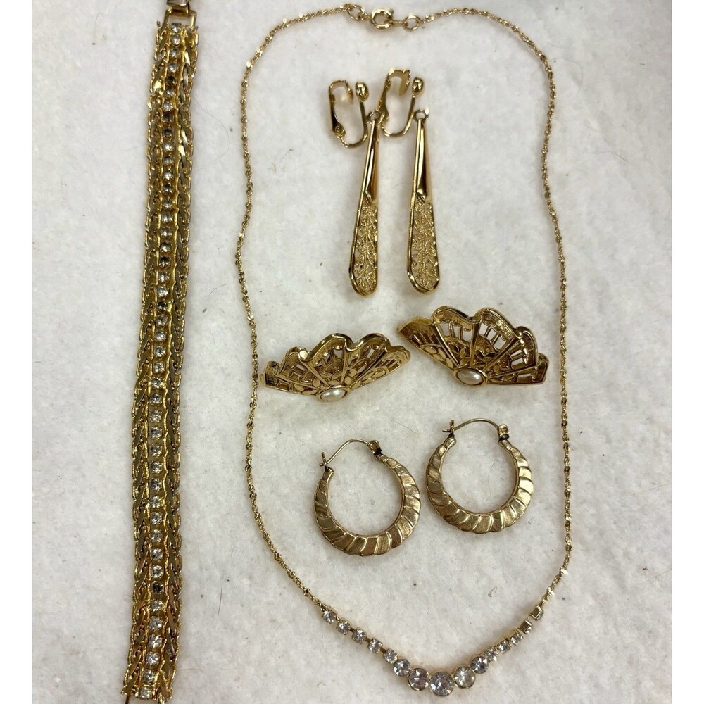 Vintage Gold Tone Rhinestone Jewelry Lot Necklace Bracelet 3 Pair Earrings 8 Pc